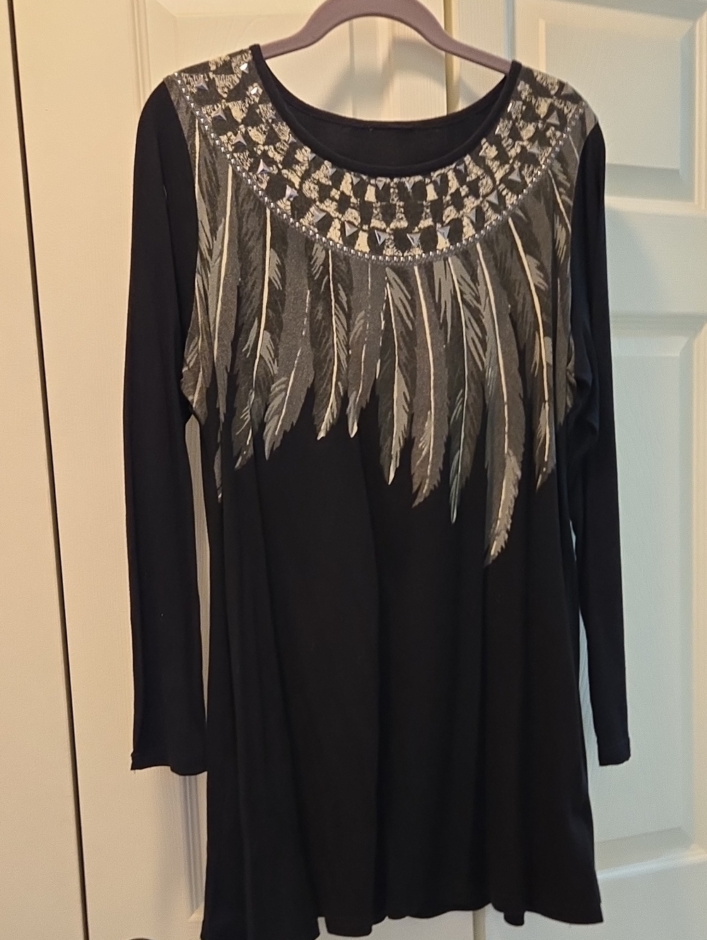 Black Long Sleeve Tunic with Silver Feather & Embellished Neckline